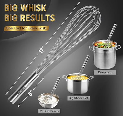 Webake Commercial Whisk Heavy Duty 17in Large Whisk, 304 Stainless Steel Whisks for Mixing, Beating, Blending, Professional Kitchen Tools