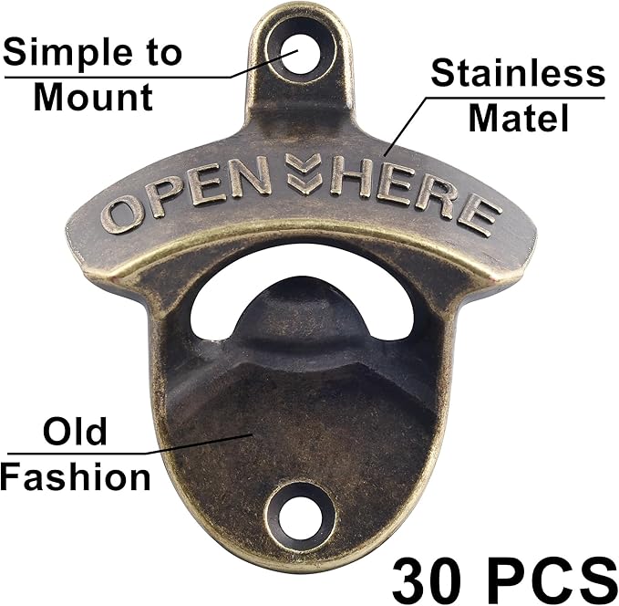 30 PCS Old Fashioned Beer Bottle Opener Wall Mounted Bulk, Antique Bronze Beer Top Opener Post Mounted, Prefect for KTV Hotels Bars DIY - Image 2