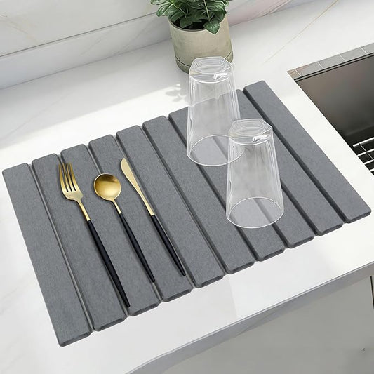 Large Stone Drying Mat for Kitchen Counter, Collapsible Stone Dish Drying Mats, Water Absorbing Diatomaceous Earth Drying Stone for Kitchen Counter, Kitchen Dish Drying Stone Mat, 24"×16" (White)