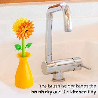 Vigar Flower Power Dish Brush with Handle and Vase Dish Brush Holder, Kitchen Scrub Brush for Pot Scrubber, Dishes, and Sink Cleaning, Orange, Green - Image 6