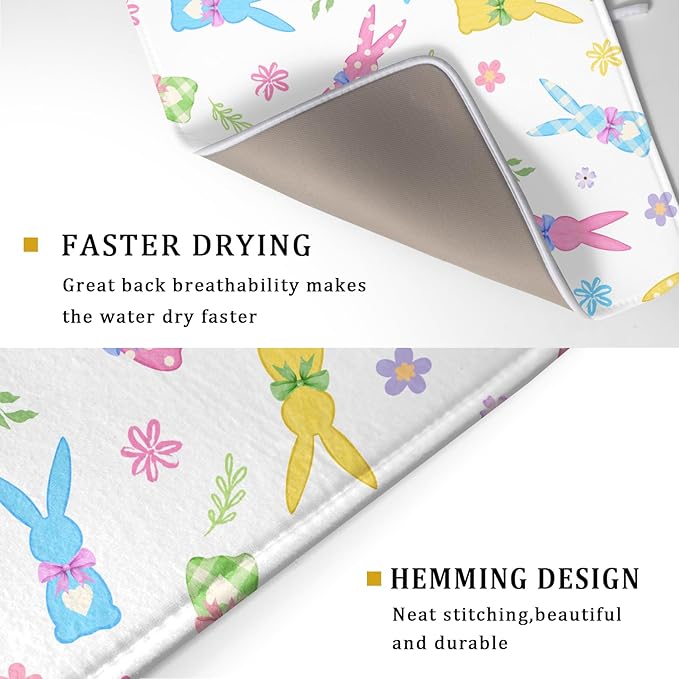 Easter Dish Drying Mat for Kitchen Counter Cute Bunny Floral Holiday Microfiber Absorbent Dish Draining Reusable Washable Foldable Extra Large 18"x24" - Image 3