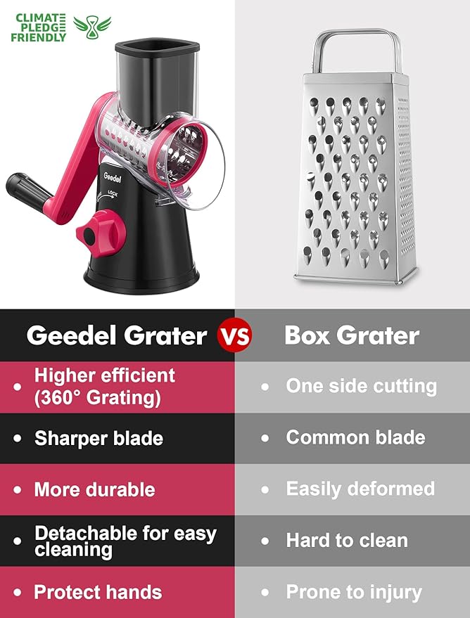 Geedel Rotary Cheese Grater, Kitchen Mandoline Vegetable Slicer with 3 Interchangeable Blades, Easy to Clean Rotary Grater Slicer for Fruit, Vegetables, Nuts - Image 2