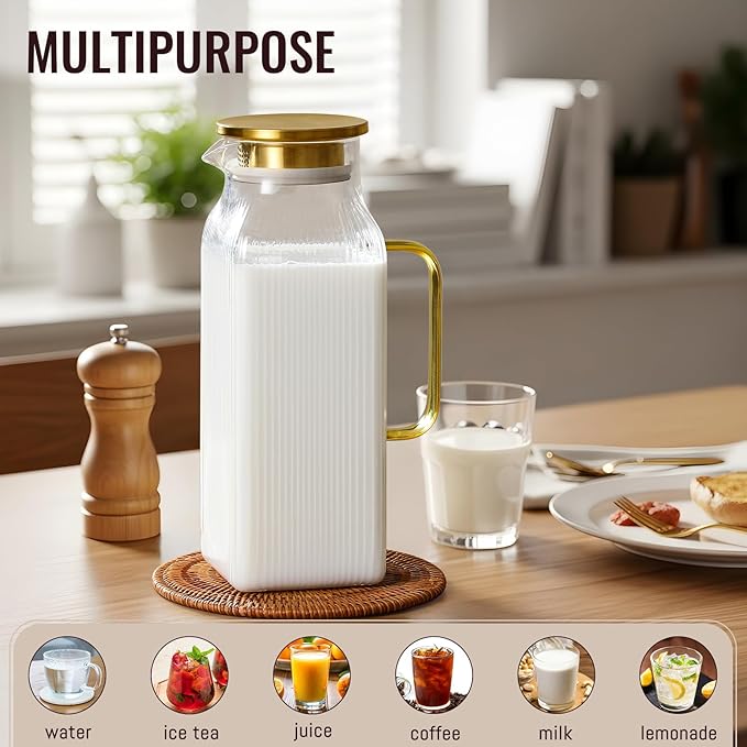 2 Liter/68 oz Square Glass Pitcher with Lid, Classic Stripes Water Pitchers with Handle for Fridge, Large Jug for Iced Tea, Coffee, Borosilicate Glass Carafe for Hot/Cold Brew Drink, Gold - Image 3