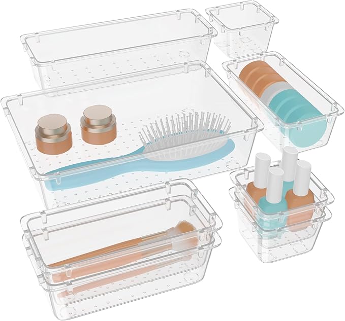 WOWBOX 8 PCS Clear Plastic Drawer Organizer Set, 4 Sizes Desk Drawer Organization and Storage Containers for Makeup, Cosmetics, Jewelry and Gadgets in Kitchen, Bathroom, Bedroom, Office, Clear by WOWBOX