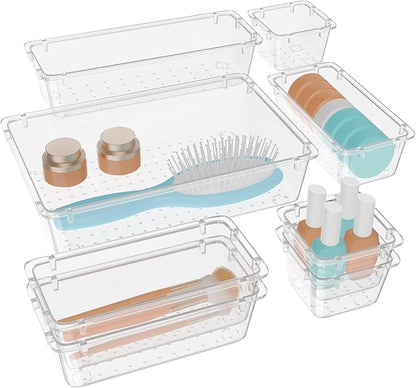 WOWBOX 8 PCS Clear Plastic Drawer Organizer Set, 4 Sizes Desk Drawer Organization and Storage Containers for Makeup, Cosmetics, Jewelry and Gadgets in Kitchen, Bathroom, Bedroom, Office, Clear by WOWBOX