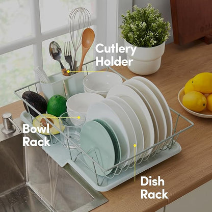 Sweet Home Collection Space-Saving 3-Piece Dish Drainer Rack Set: Efficient Kitchen Organizer for Quick Drying and Storage - Includes Cutlery Holder and Drainboard - Maximize Countertop Space, Mint - Image 5