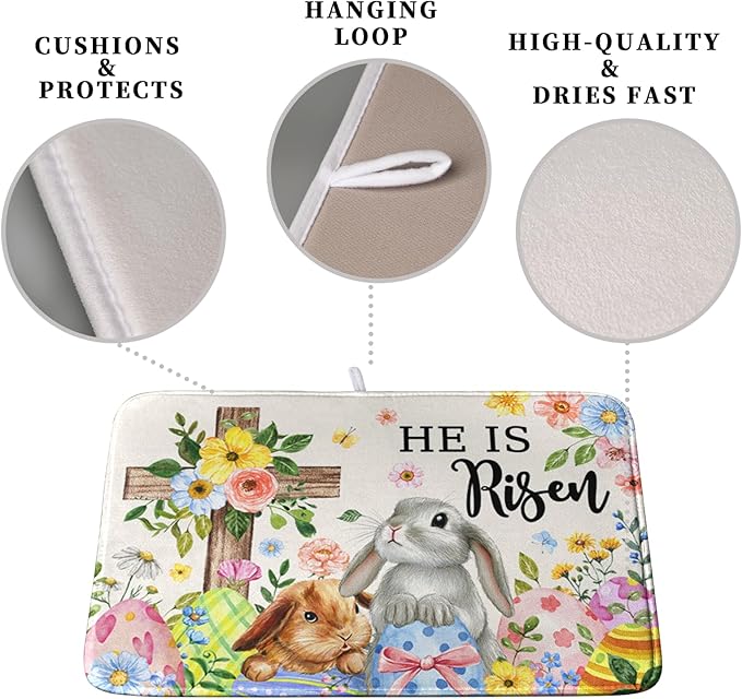 He is Risen Easter Dish Drying Mat for Kitchen Counter Bunny Floral Cross Dish Drainer Mats Spring Rabbit Flowers Egg Dish Drying Pads Absorbent Microfiber Reusable Dish Rack Mat 16x18 Inch - Image 3