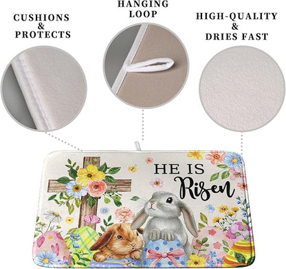 He is Risen Easter Dish Drying Mat for Kitchen Counter Bunny Floral Cross Dish Drainer Mats Spring Rabbit Flowers Egg Dish Drying Pads Absorbent Microfiber Reusable Dish Rack Mat 18x24 Inch - Image 3