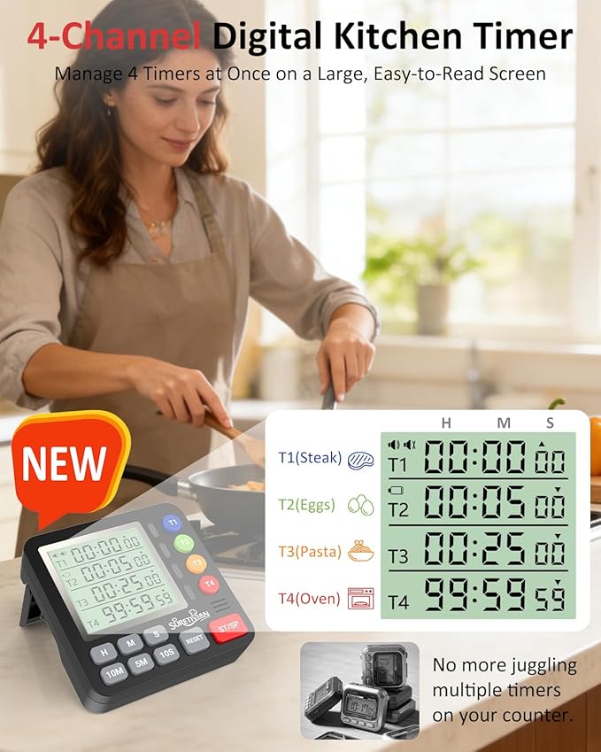 Digital Kitchen Timer for Cooking - 4 Channel Count Up Countdown Timer with Loud Alarm and Silent Mode, Large Display, Magnetic Back, Auto Memory for Classroom Study Gym, Battery Included (Black) - Image 2