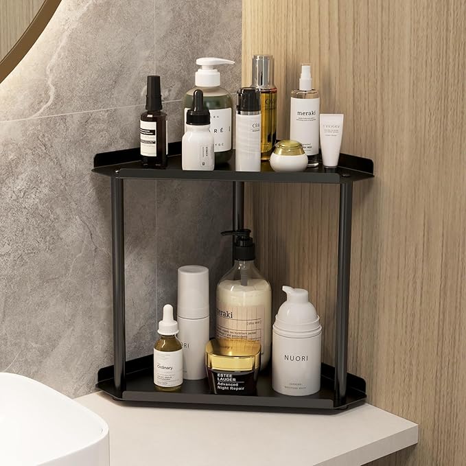 Jesginboo 2 Tier Bathroom Counter Organizer, Vanity Organizer Corner Shelf, Skincare, Makeup Countertop Organizers, Kitchen, Bathroom Counter Storage, Black - Image 2