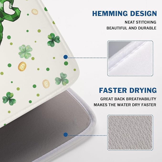 St Patrick's Day Gnome Dish Drying Mat for Kitchen Counter,Inch Lucky Shamrock Gold Coin Drying Mat 18 x 24 Inch with Absorbent Reversible Microfiber Dish Drying Pad for Coffee Bar - Image 4