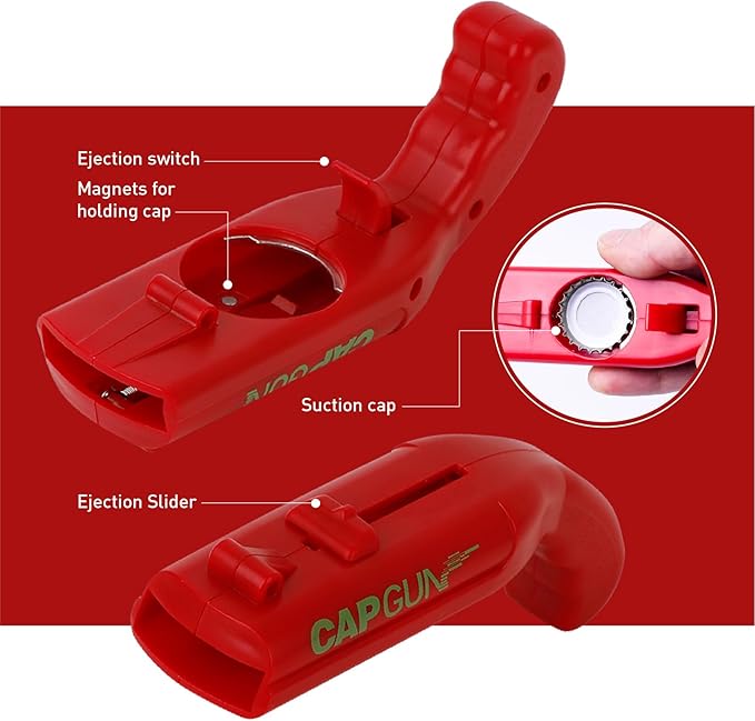 Cap Shooting Bottle Opener Gun - Launches Caps for World Cup Parties, BBQs & Adult Gatherings, Fun Gadget for Men, Unique Gag Gift for Sports Events (1 pc red)