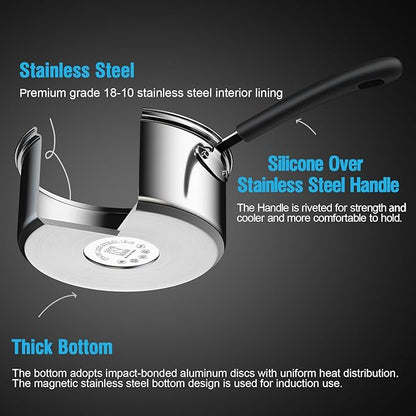 Cook N Home 1 & 2 Quart Stainless Steel Saucepan Sets with Lid, Induction Compatible Milk Pots, Stay-Cool Silicone Handle, Mirror Polished 18/10 Cookware, Dishwasher & Oven Safe, Silver - Image 7