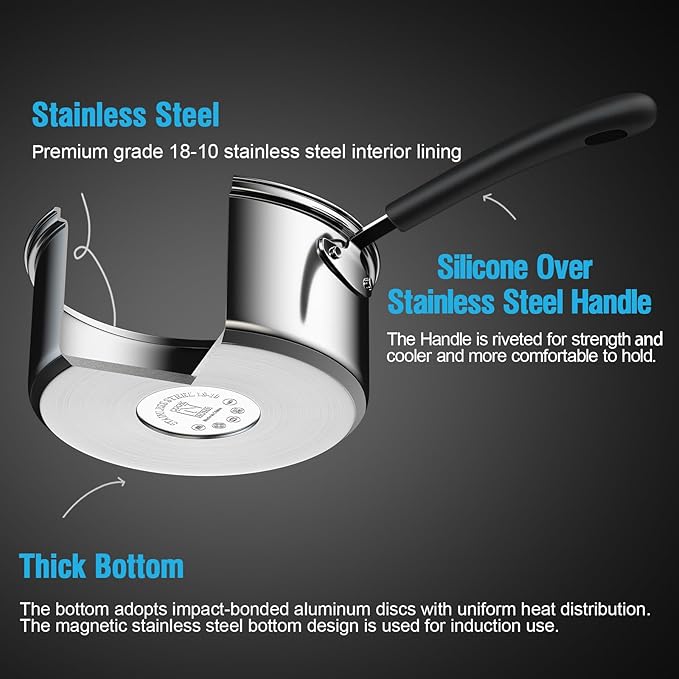 Cook N Home 3 Quart Stainless Steel Saucepan Set with Lid, Induction Compatible Milk Pots, Stay-Cool Silicone Handle, Mirror Polished 18/10 Cookware, Dishwasher & Oven Safe, Silver - Image 7