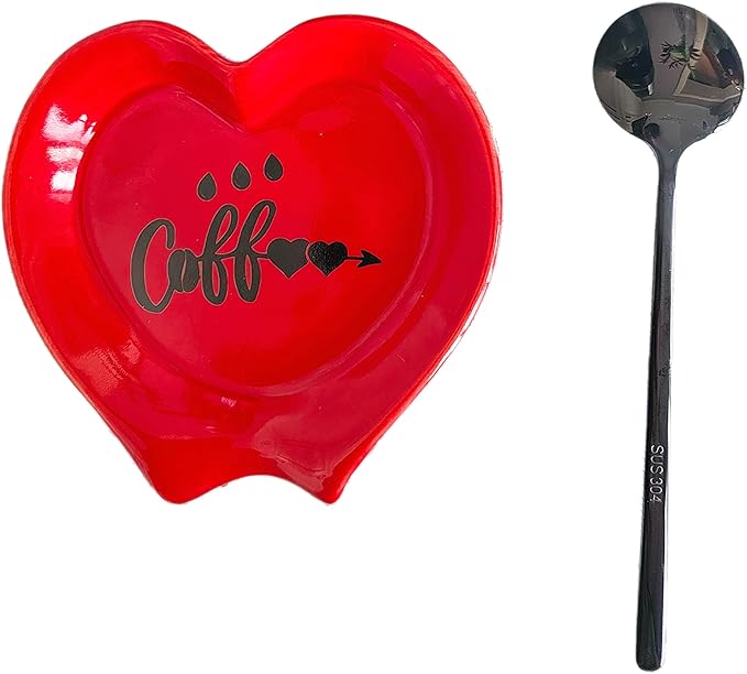 Heart-shaped Coffee Spoon Rest, Mini Coffee Spoon Holder, Small Ceramic Spoon Rest for Coffee Stirrers, Teaspoon, Bar Spoon, Coffee Bar Accessories, Coffee Station (Red+black spoon) by PFCTRJR