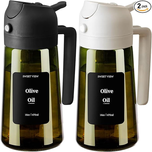 SWEET VIEW 2PCS Olive Oil Dispenser and Oil Sprayer – 16oz/470ml Glass Light-Proof Oil Pourer for Kitchen Air Fryer, Cooking, Salad, and BBQ, with Stickers by SWEETVIEW