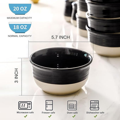 HASENSE Ceramic Soup Bowls and Cereal Bowls, 20 OZ Bowls for Kitchen Set of 6, Stackable Bowls Set for Ramem, Salad, Oatmeal, Rice, Snack, Dishwasher Microwave Safe, Black - Image 3