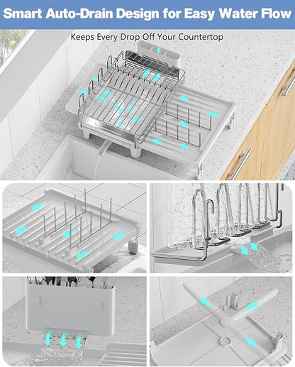 Expandable Dish Drying Rack, Dish Racks for Kitchen Counter, Stainless Steel 304, Flip-Top Retractable Plate, Multi-Directional Adjustable Dish Rack, Space Saving Large Drying Rack Kitchen, White - Image 3