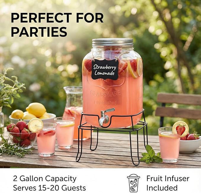 2 Gallon Glass Drink Dispenser,Beverage Dispenser with Stand,Lemonade Dispenser with 304 Stainless Steel Spigot Leakproof for Entertaining Guests, Picnic,Hosting Parties