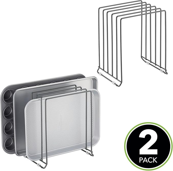 mDesign X-Large Steel Storage Tray Organizer Rack for Kitchen Cabinet, Divided Holder - 5 Slots for Skillets, Frying Pan, Pot Lids, Cutting Board, Baking Sheets, Concerto Collection, 2 Pack, Dark Gray - Image 2