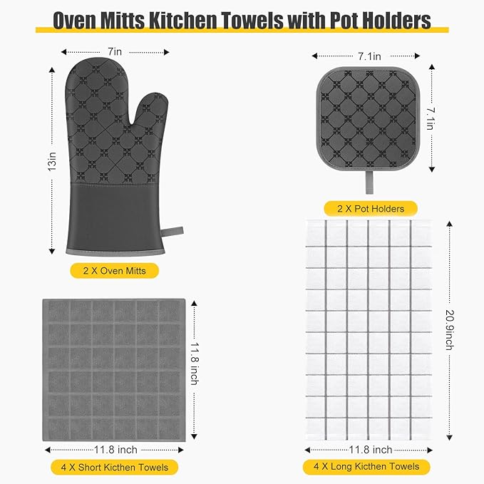 Oven Mitts Kitchen Towels Dishcloths with Pot Holders Sets 12PCS, Dish Towels Sets, Oven Gloves Pot Pads Heat Resistant 500 Degrees with Non-Slip Silicone Surface for Cooking Baking Grilling-Grey - Image 2