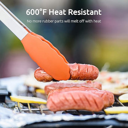 Kitchen Tongs, U-Taste 7/9/12 inches Cooking Tongs, with 600ºF High Heat-Resistant Non-Stick Silicone Tips, 18/8 Stainless Steel Handle, for Food Grill, Salad, BBQ, Frying, Serving, Pack of 3(Orange) - Image 3