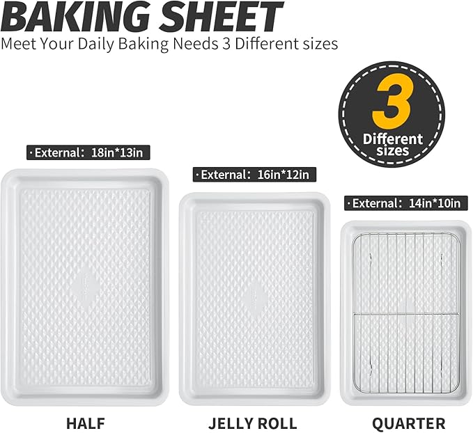 Nonstick Ceramic Baking Sheet With Rack, 3-Pack Half/Jelly Roll/Quarter Sheet Pan, Non-Toxic, PTFE & PFOA Free, Warp-Free, Oven Safe 550°F, Dishwasher Safe, Aluminized Steel, Gray Yellow