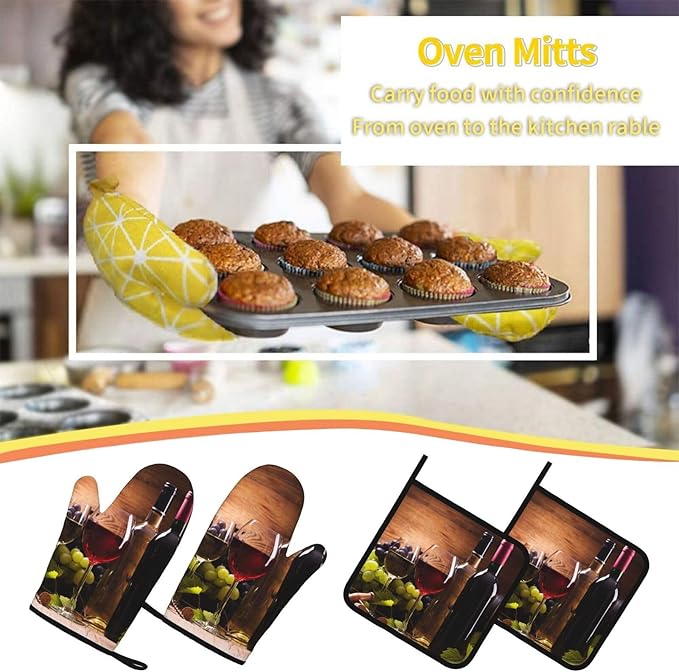 Wine Grapes Wooden Vintage Oven Mitts and Pot Holders Sets of 4, Heat Resistant Silicone Oven Mittens and Potholders Gloves Hot Pads for Kitchen Cooking Baking Grilling BBQ Chef - Image 7