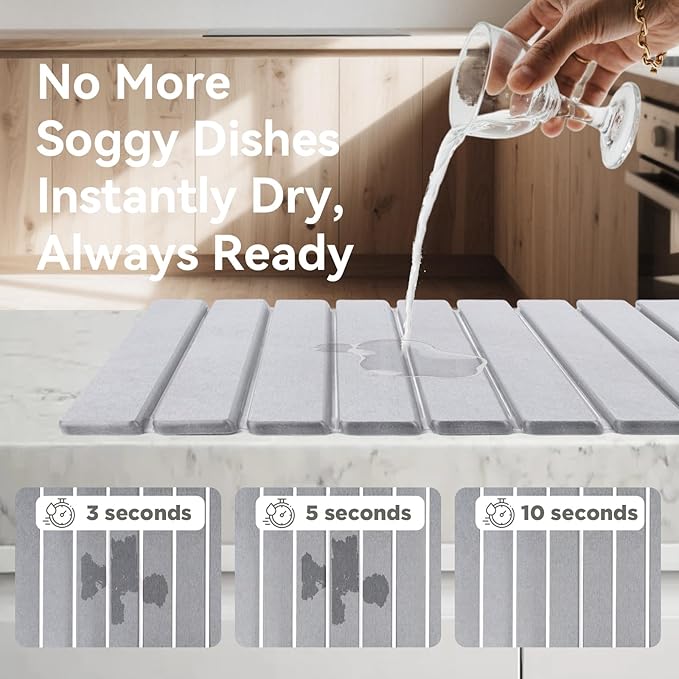 Stone Drying Mat for Kitchen Counter, 24"(L)×16"(W), Drying Matt Kitchen Counter, Quick Dry Stone Dishes Mats, Foldable Diatomaceous Earth Mat (Dove Gray) - Image 3