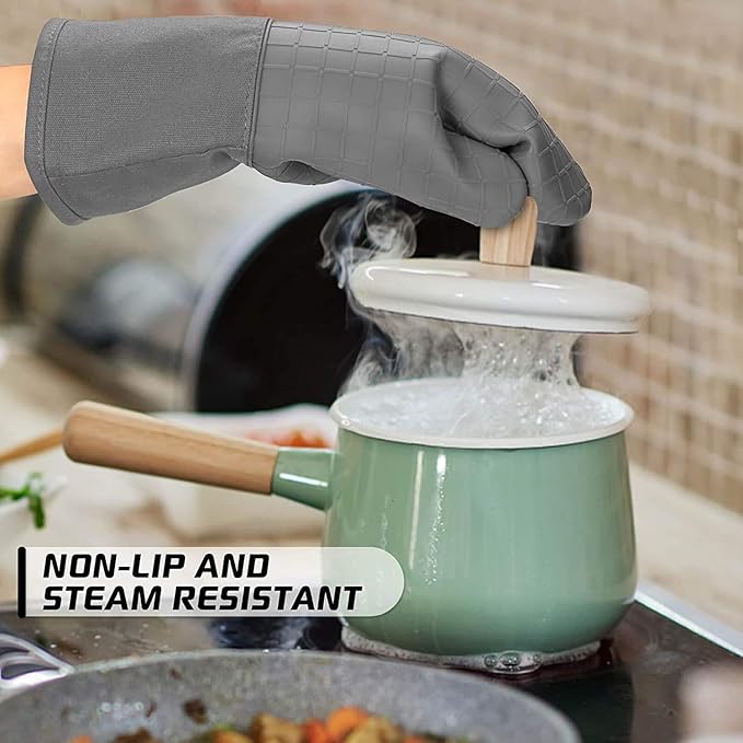 HOMWE Silicone Oven Mitts and Pot Holders for Kitchen & Baking - Set of 4 Heat-Resistant, Heavy-Duty Cooking Mittens w/Non-Slip, Textured Grip (Black) - Image 5