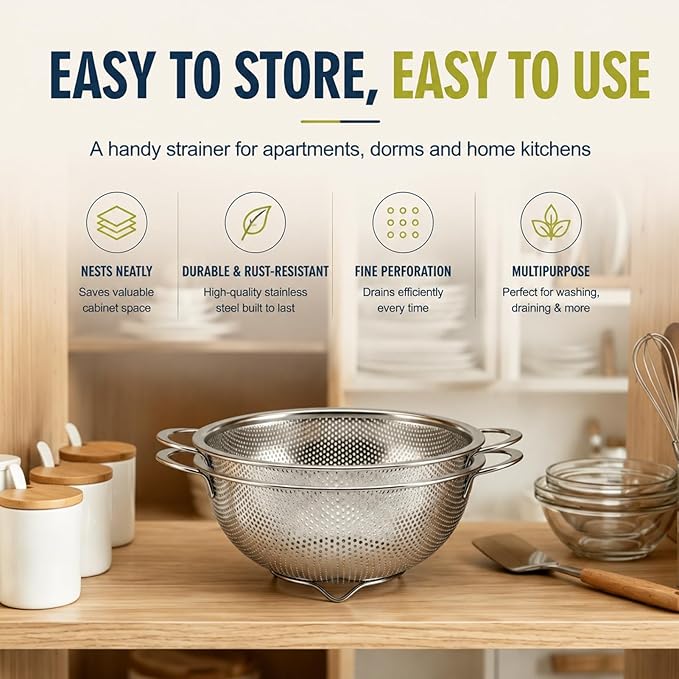 Palksky Small Colander Set of 2, 800 mL / 0.85 Qt Stainless Steel Mini Colanders with Riveted Handles, Footed Base & Micro-Perforations, Metal Kitchen Strainers for Berries, Fruits, Vegetables & Pasta