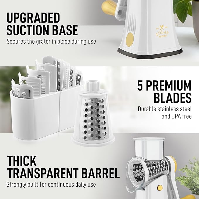Zulay Kitchen Rotary Cheese Grater 5 Blade Cheese Shredder - Manual Hand Crank Cheese Grater With Reinforced Suction & 5 Interchangeable Drums - Easy to Use, Vegetable Chopper Round Mandoline Slicer - Image 7