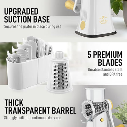 Zulay Kitchen Rotary Cheese Grater 5 Blade Cheese Shredder - Manual Hand Crank Cheese Grater With Reinforced Suction & 5 Interchangeable Drums - Easy to Use, Vegetable Chopper Round Mandoline Slicer - Image 7