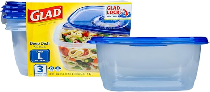 Glad GladWare Deep Dish Food Storage Containers with Lids, Large Rectangle BPA Free Plastic for Soups Salads and Meal Prep, Lock Tight Seal, Microwave Dishwasher Safe, 64 Oz, 3 Count by GladTrashFoodStorage