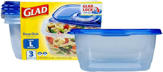 Glad GladWare Deep Dish Food Storage Containers with Lids, Large Rectangle BPA Free Plastic for Soups Salads and Meal Prep, Lock Tight Seal, Microwave Dishwasher Safe, 64 Oz, 3 Count by GladTrashFoodStorage