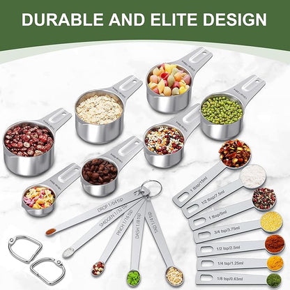 EWFEN Measuring Cups and Spoons Set, 7 Stainless Steel Nesting Measuring Cups & 7 Spoons, 5 Mini Measuring Spoons & 2 Detachable Rings, Kitchen Gadgets for Cooking & Baking, Round - Image 3