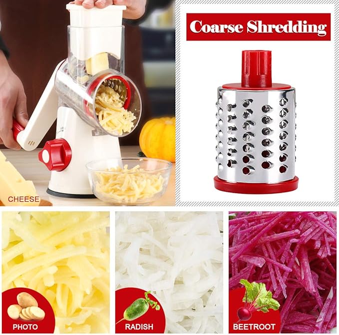 Ourokhome Rotary Cheese Grater Hand Crank, Kitchen Shredder Speed Mandolin Slicer Nuts Grinder with Handle and Drum Blades for Cheese, Vegetable, Chocolate, Potato, Carrot, 3 Blades, White Red - Image 5