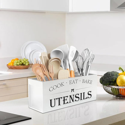 Suli Extra Large Kitchen Utensils Holder with 4 Compartments, Wooden Utensil Organizer for Countertop, Farmhouse Kitchen Decor, Rustic Cooking Utensil - White - Image 7
