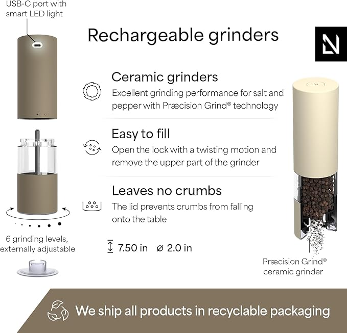 LARS NYSØM Electric Salt and Pepper Grinder Set I Automatic Salt and Pepper Mills with Adjustable Ceramic Grinder I USB Rechargeable Electric Spice Mill Set with LED Light (Brown/Beige) - Image 4