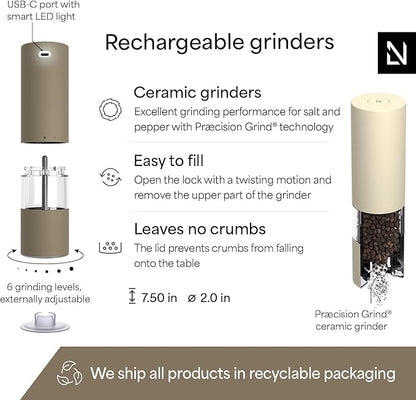 LARS NYSØM Electric Salt and Pepper Grinder Set I Automatic Salt and Pepper Mills with Adjustable Ceramic Grinder I USB Rechargeable Electric Spice Mill Set with LED Light (Brown/Beige) - Image 4