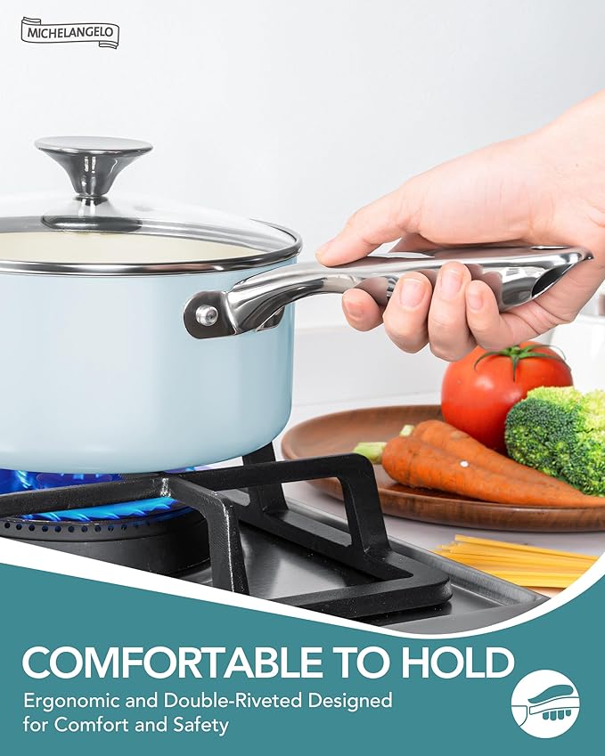 MICHELANGELO Pots and Pans Set Non Stick, 8-Piece Ti-infused Ceramic Cookware Set with Silicone Utensils - Induction Compatible, Oven Safe, PFOA-Free, Blue - Image 5