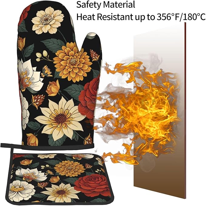 Boho Floral Oven Mitts and Pot Holders Sets of 2 Vintage Kitchen Mitts Bohemian Flower Hot Pads for Cooking Baking Grilling - Image 5