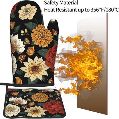 Boho Floral Oven Mitts and Pot Holders Sets of 2 Vintage Kitchen Mitts Bohemian Flower Hot Pads for Cooking Baking Grilling - Image 5