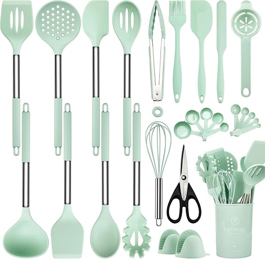 NCUE Silicone Cooking Utensils Set, 28 Pcs Kitchen Utensils Set 446°F Heat Resistant Spatula Set, Food Grade Silicone and Stainless Steel Handle Kitchen Gadgets for Nonstick Cookware BPA Free by NCUE