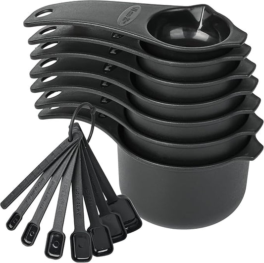 Measuring Cups and Spoons Set 15, Black Dry & Liquid Plastic Measuring Cups and Spoons, Metric & US 7 Measure Cups & 7 Measure Spoons for Kitchen & Baking