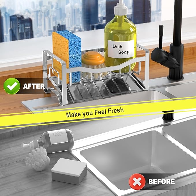 Maifan Stainless Steel Kitchen Sink Caddy Organizer with Auto Drain Tray, Sponge Holder for Countertop Storage Silver - Image 6