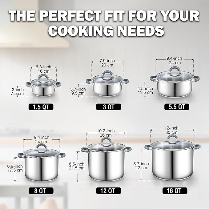Cook N Home Stock Pot with Lid, 12-Quart Basic Stainless Steel Sauce Cooking Soup Pot, Stay-Cool Silicone Handles - Image 2
