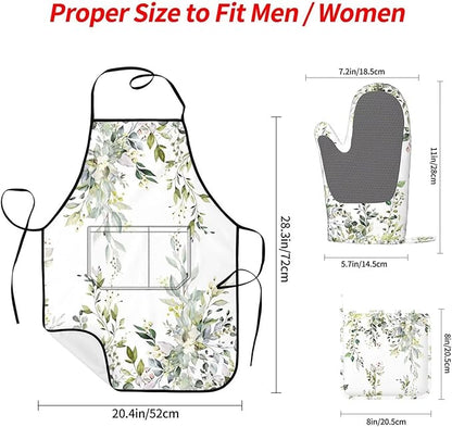 Sage Green Eucalyptus Oven Mitts Watercolor Butterfly Leaves Pot Holders Cooking Apron Set of 5 Silicone Kitchen Glove Apron Non-Slip Heat Resistant for Chef Baking Cooking Grilling BBQ