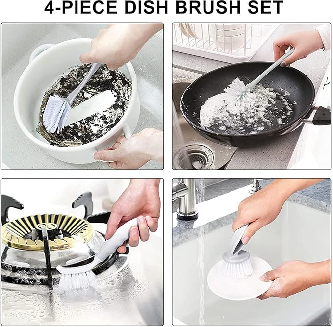 Dish & Bottle Brush Set, 4-Piece Kitchen Cleaning Brushes, Gray, Plastic Handles, Medium Bristles (Nylon or Polyester) - Image 5