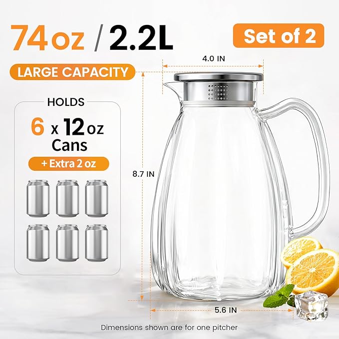 Glass Pitcher with Lid and Handle, 2.2L Borosilicate Glass Water Carafe, Stainless Steel Dual-Filter Lid, Heat Resistant for Hot/Cold Beverages – Iced Tea, Coffee, Juice, Cold Brew, 2 Pack - Image 2